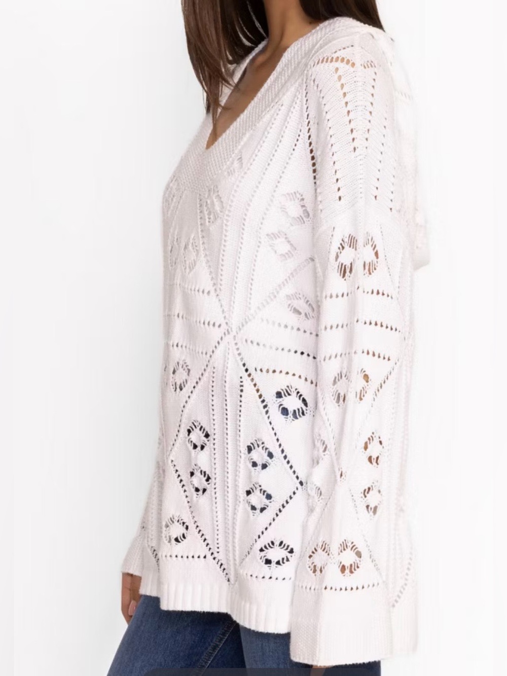 JOHNNY WAS Baja Pullover Sweater With Hood White 100% Cotton Size Large NWT